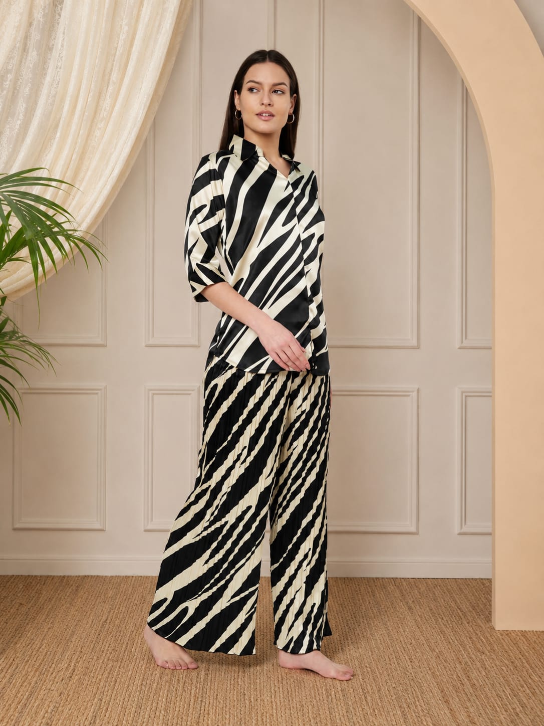 KOI SLEEPWEAR Zebra Print Satin Pleated Coord Set