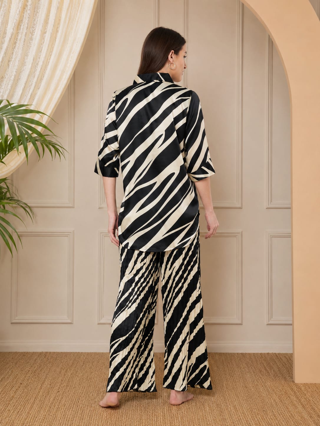 KOI SLEEPWEAR Zebra Print Satin Pleated Coord Set
