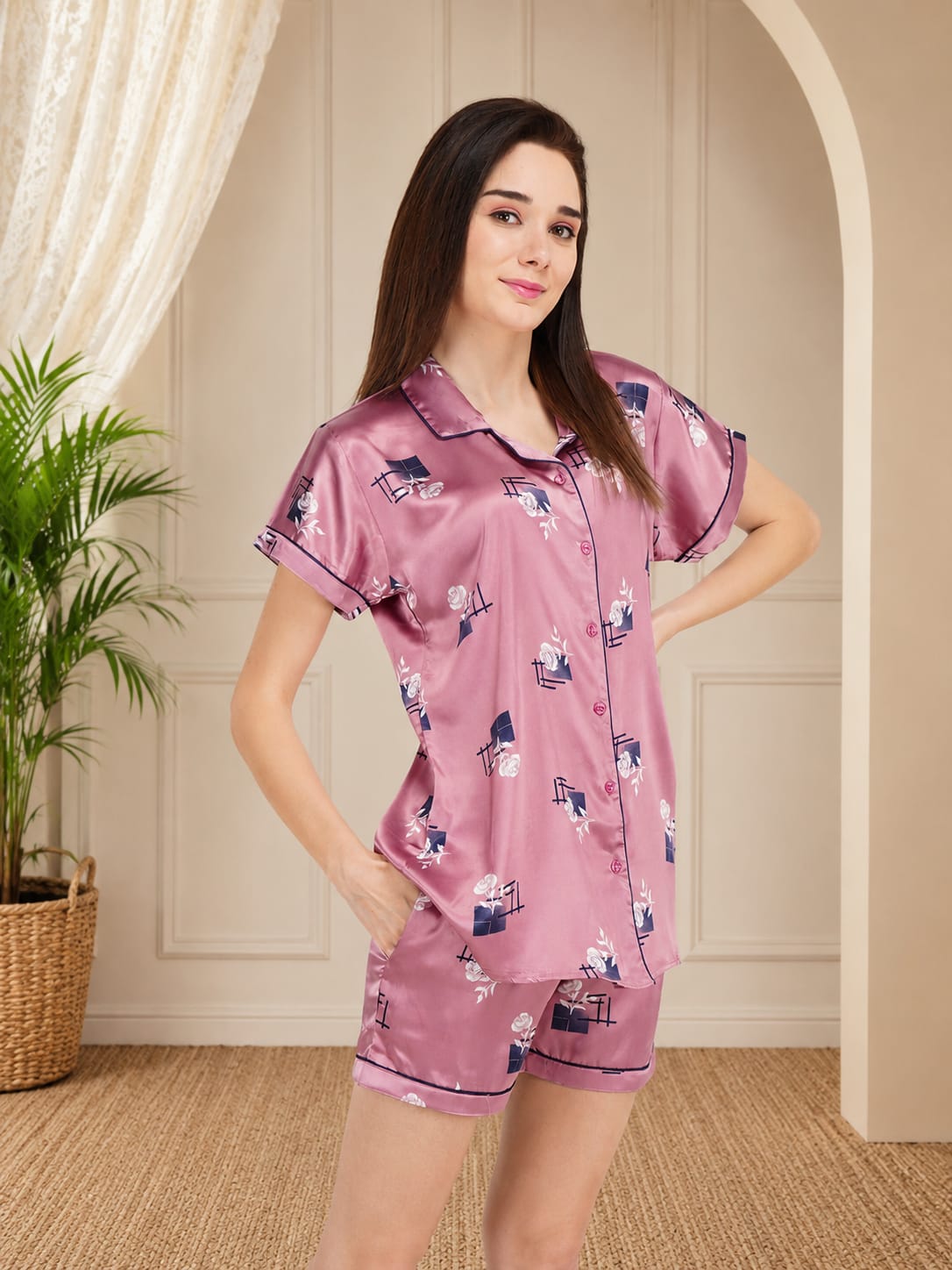 Satin Short Night suit with Beautiful Rose Pattern