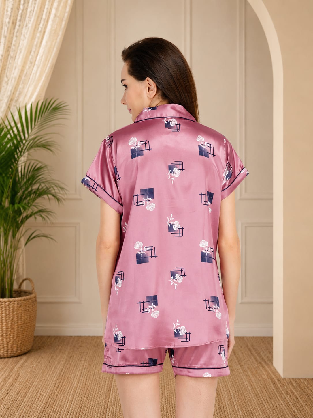 Satin Short Night suit with Beautiful Rose Pattern