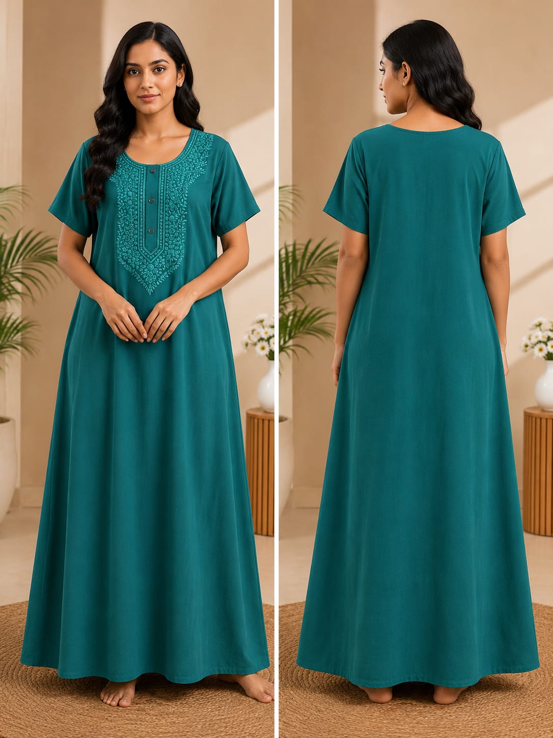 Women's Embroidered Night Gown | Premium Cotton Blend | 3XL | Multiple Colours