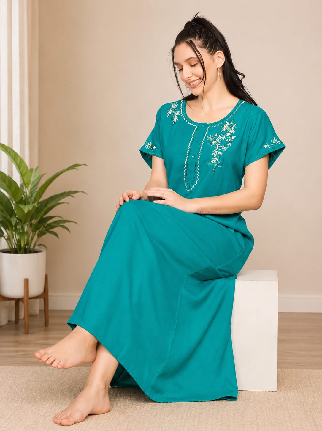 Premium Rayon Embroidered Night Gown