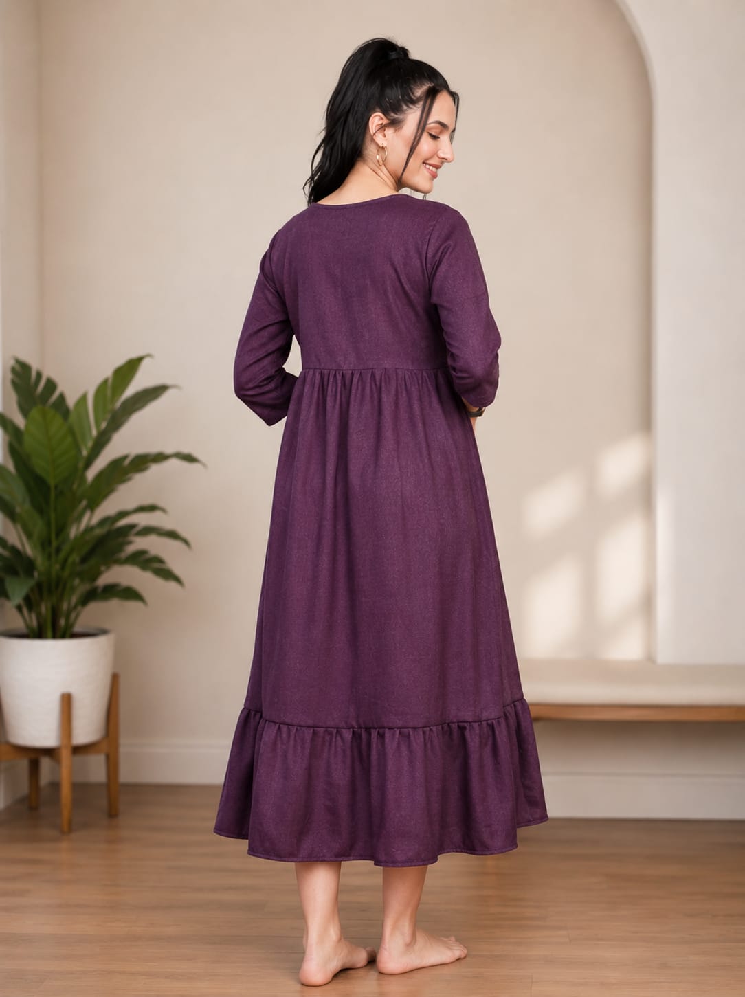 Elegant Floral Embroidered Ruffle Hem Night Gown