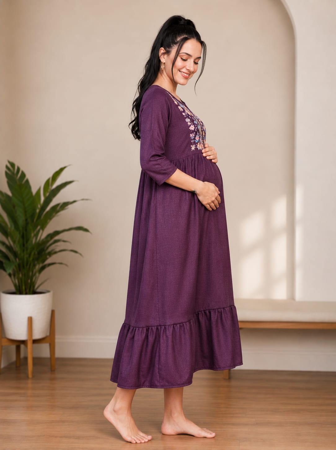 Elegant Floral Embroidered Ruffle Hem Night Gown