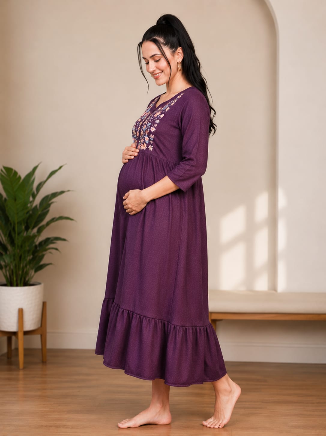 Elegant Floral Embroidered Ruffle Hem Night Gown