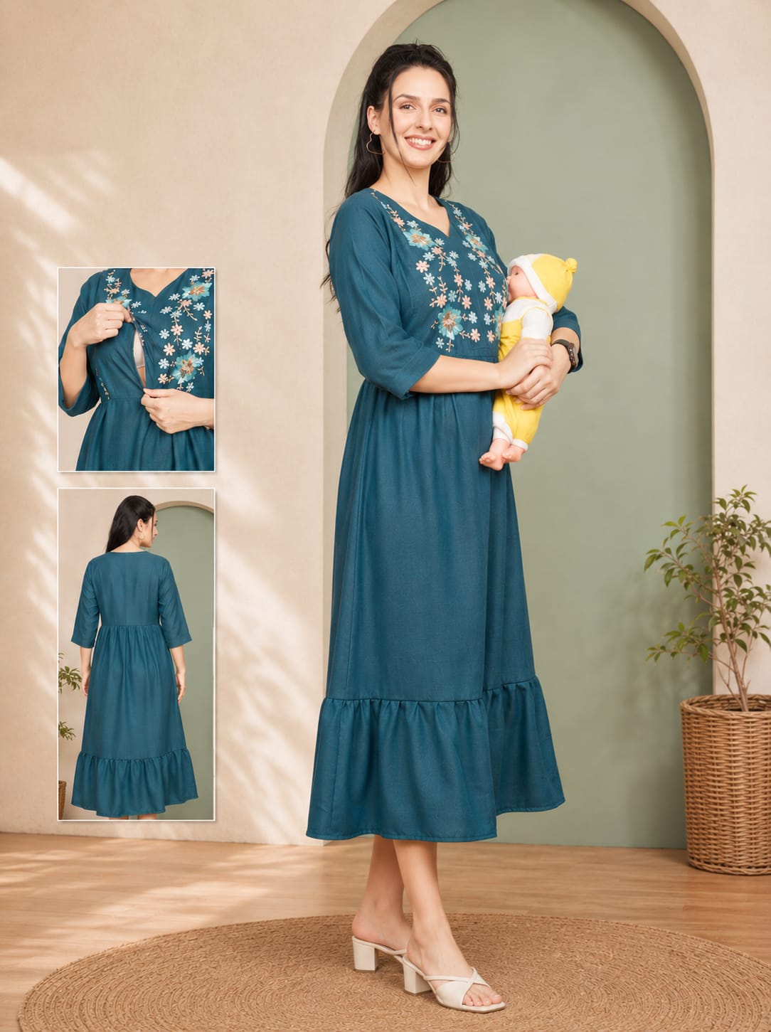 Elegant Floral Embroidered Ruffle Hem Night Gown