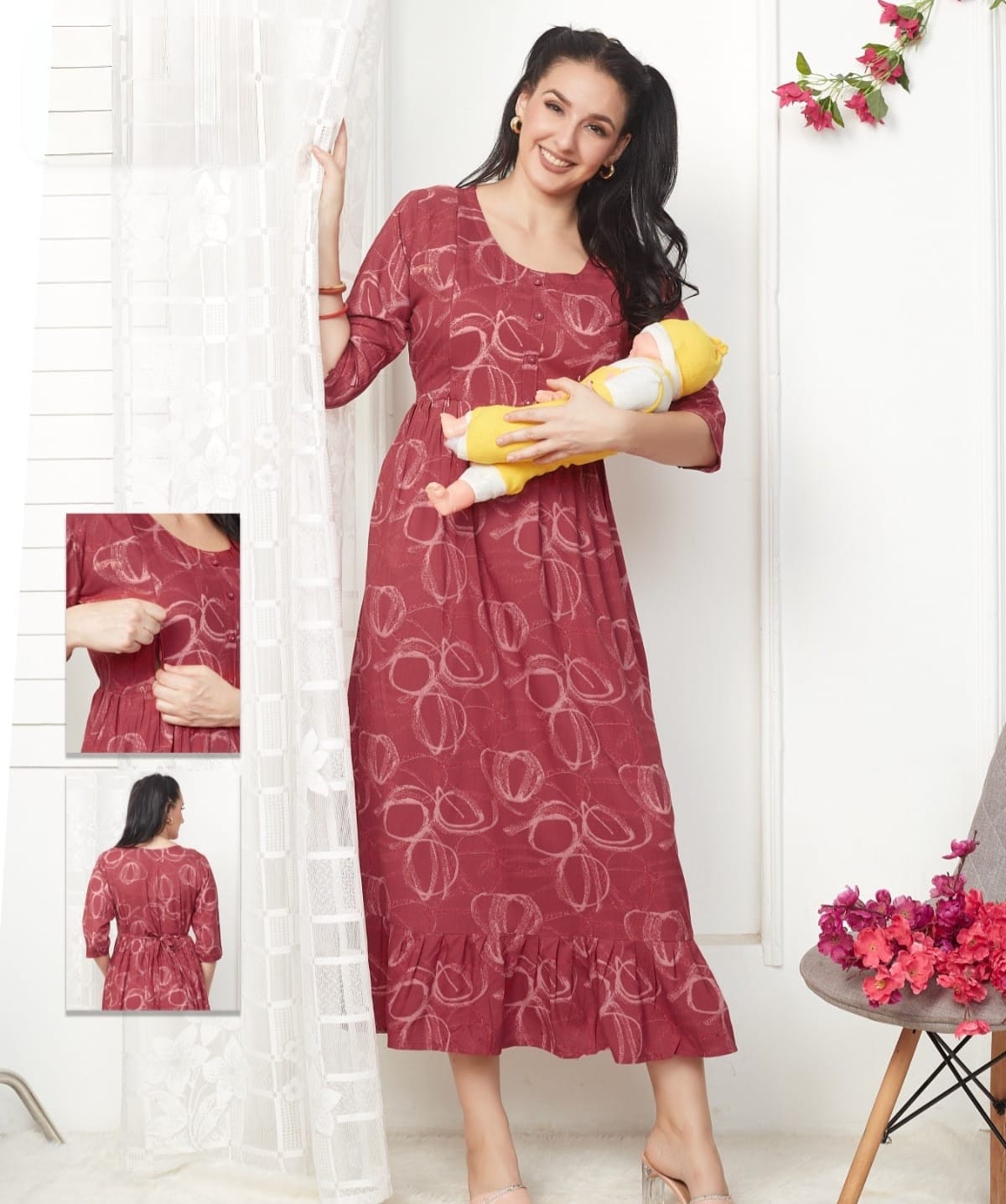 Printed Maternity Feeding Night Gown Secondary image