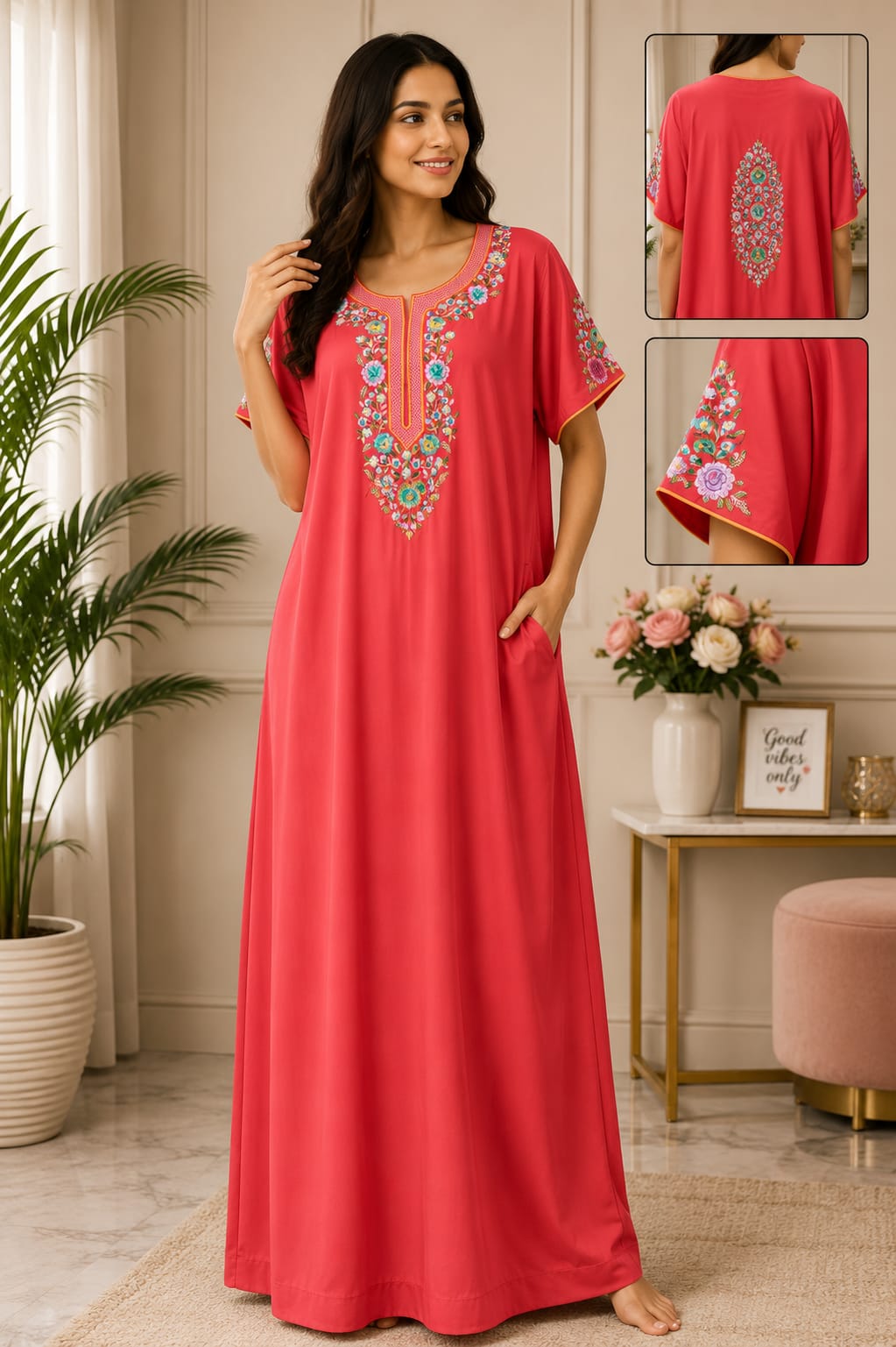 Premium Multicolor Floral Embroidered Long Night Gown for Women – L Size Secondary image