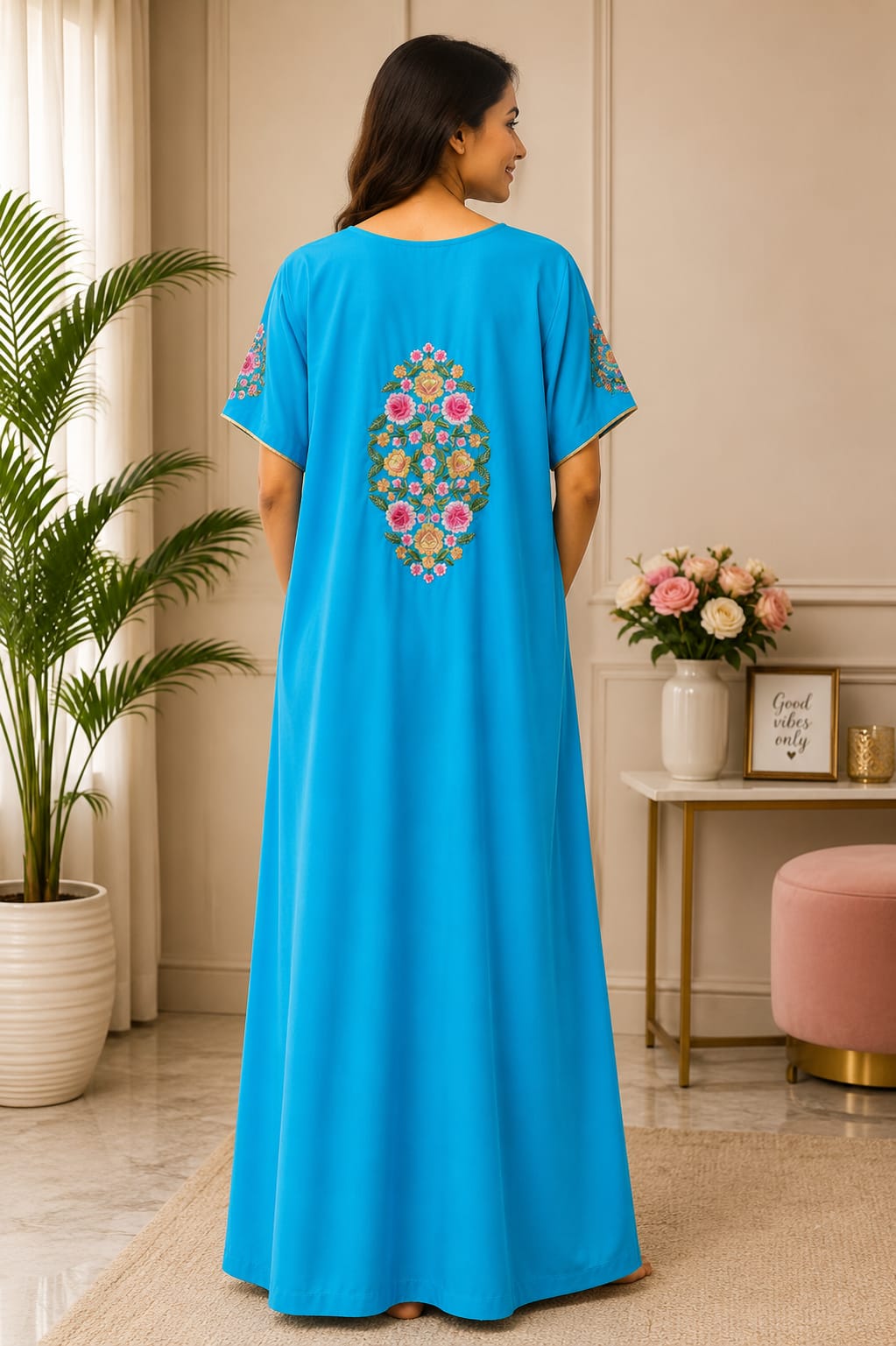Premium Multicolor Floral Embroidered Long Night Gown for Women – L Size Secondary image