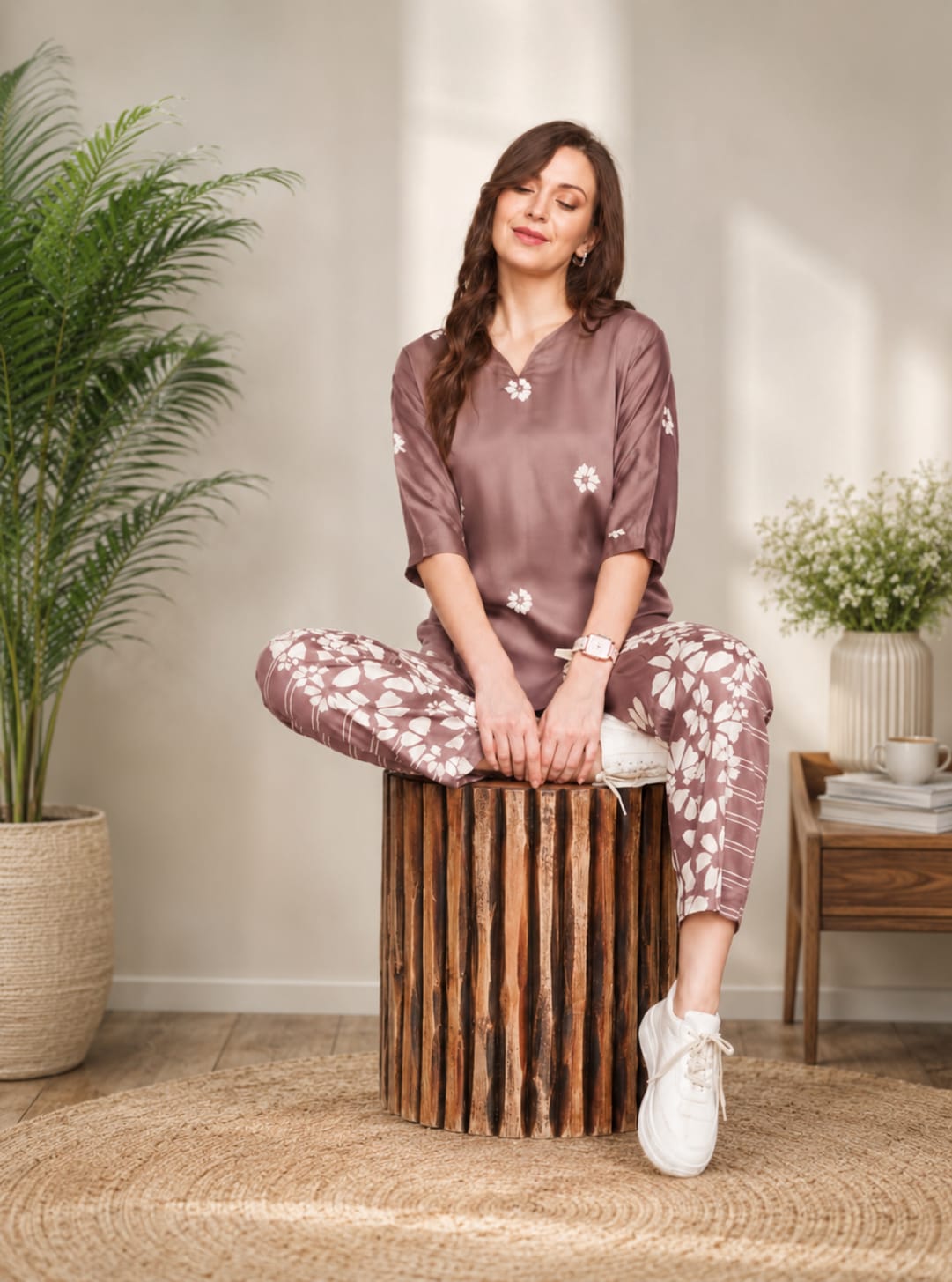 Floral Print Rayon Night Suit Set for Women