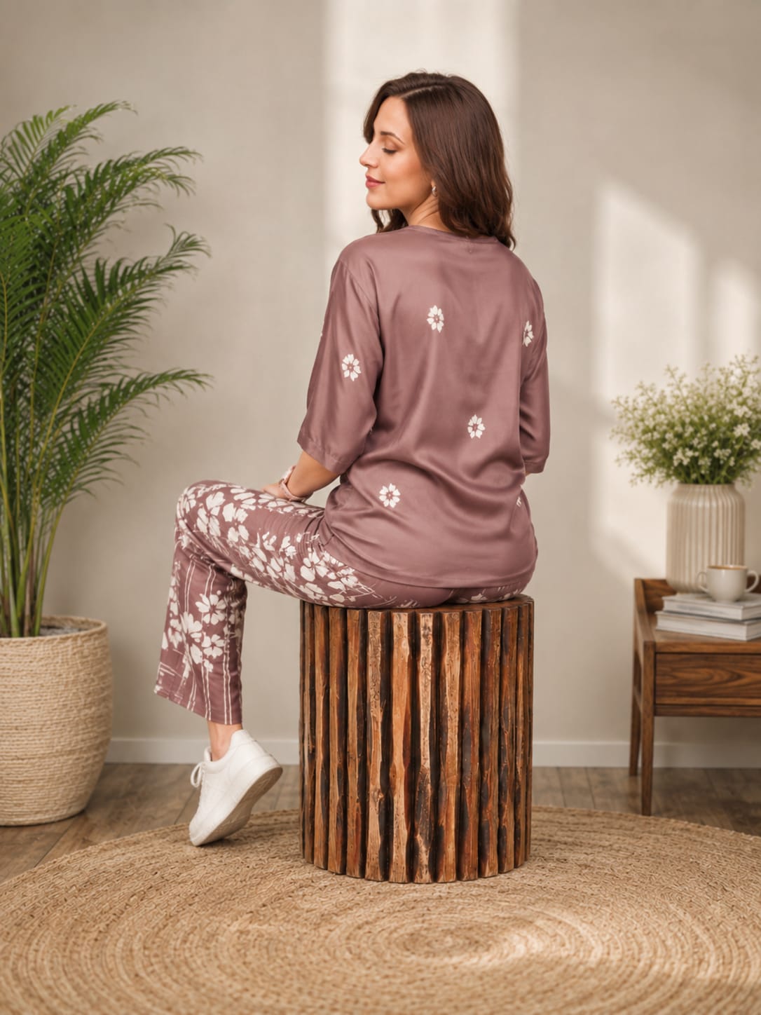 Floral Print Rayon Night Suit Set for Women