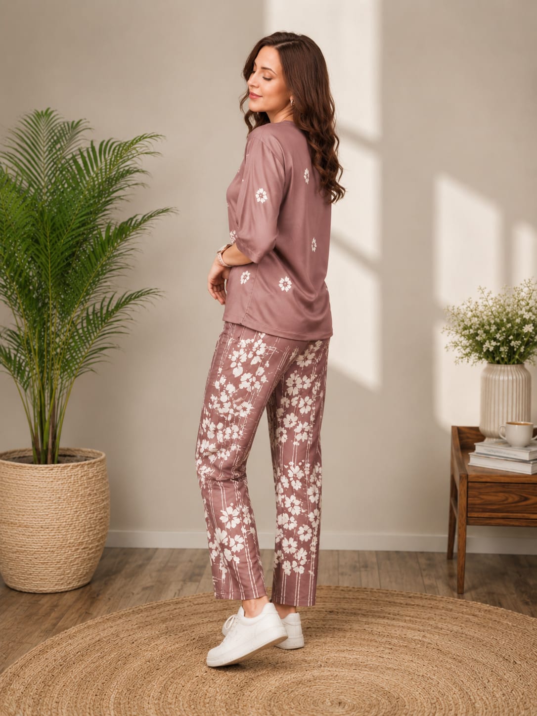 Floral Print Rayon Night Suit Set for Women