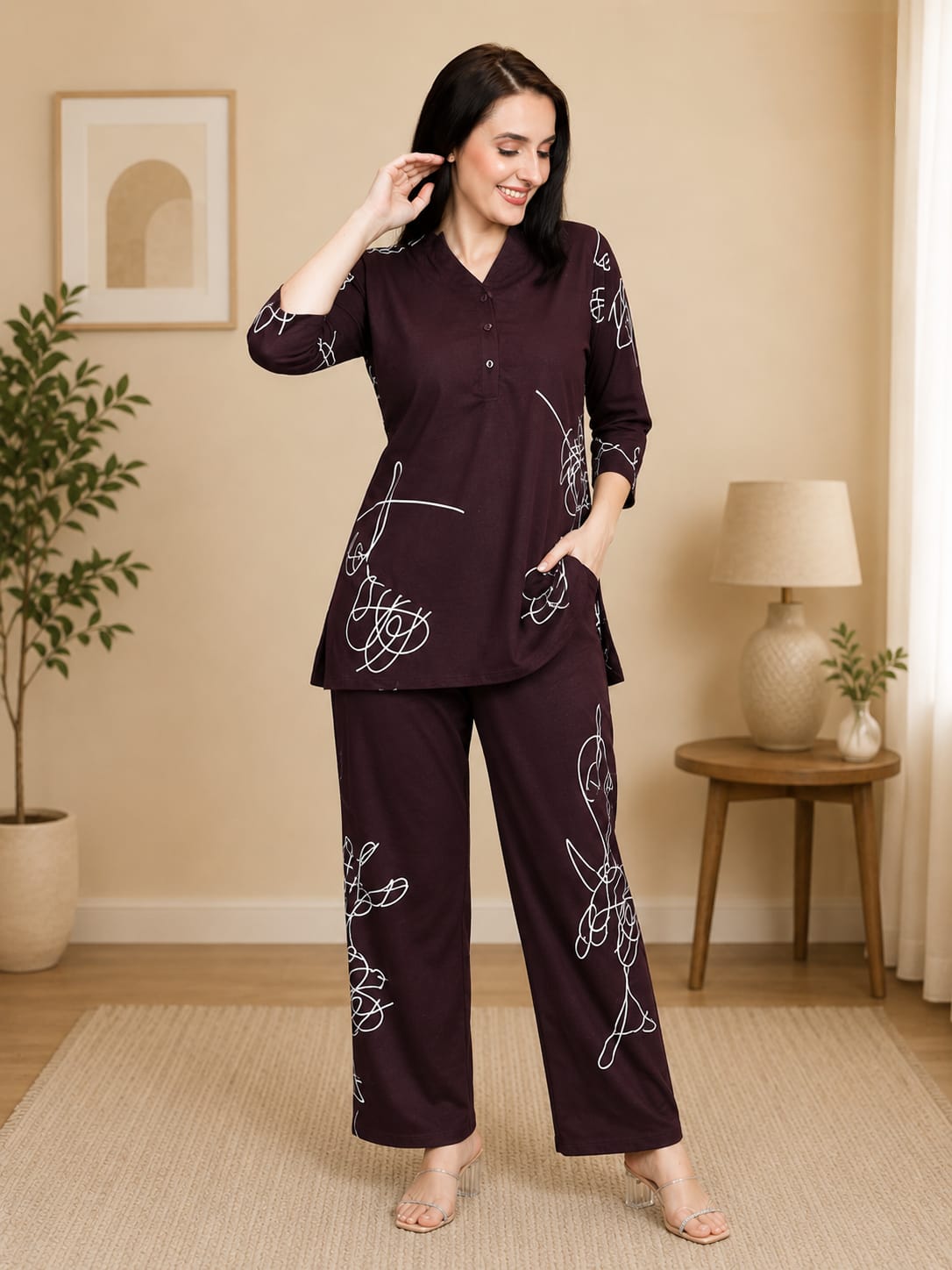 Product Name: Premium Cotton Abstract Print Nightwear Co-ord Set for Women – L to 3XL