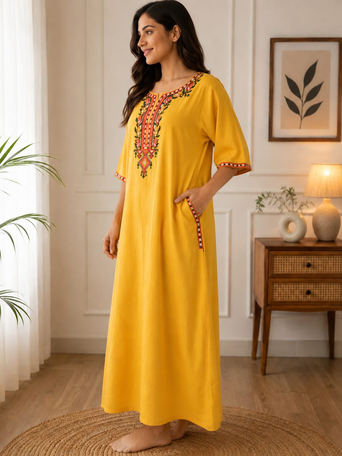 Women's Premium Lissy Bissy Cotton Full Sleeve Crosswork Embroidered Night Gown