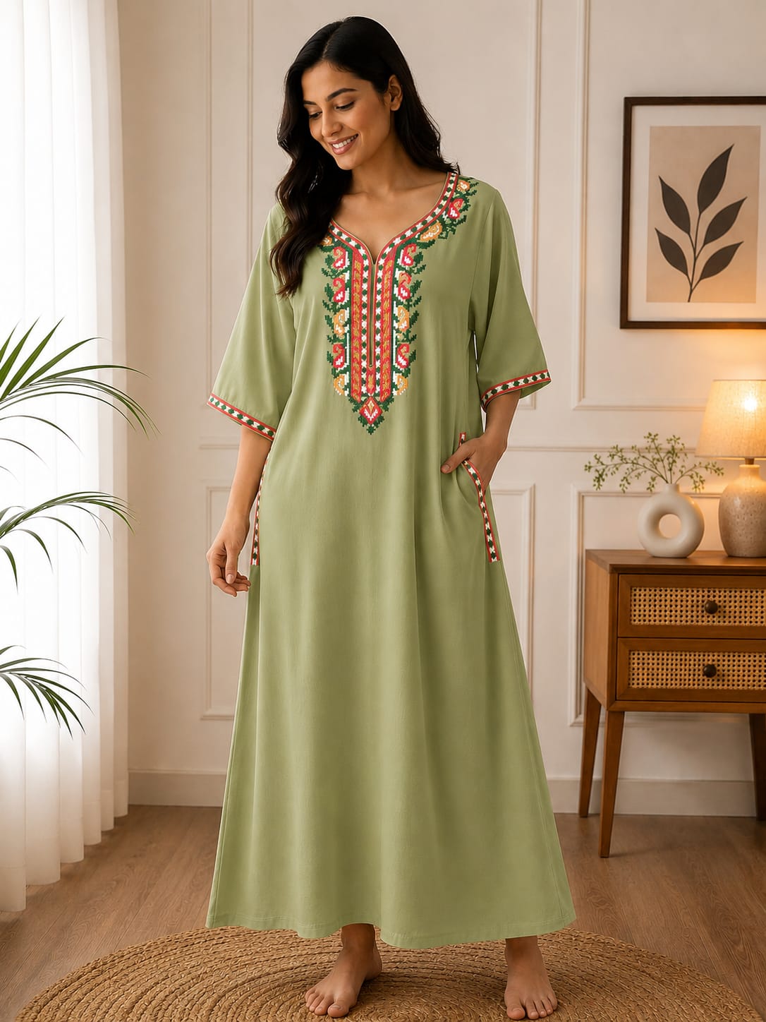 Women's Premium Lissy Bissy Cotton Full Sleeve Crosswork Embroidered Night Gown