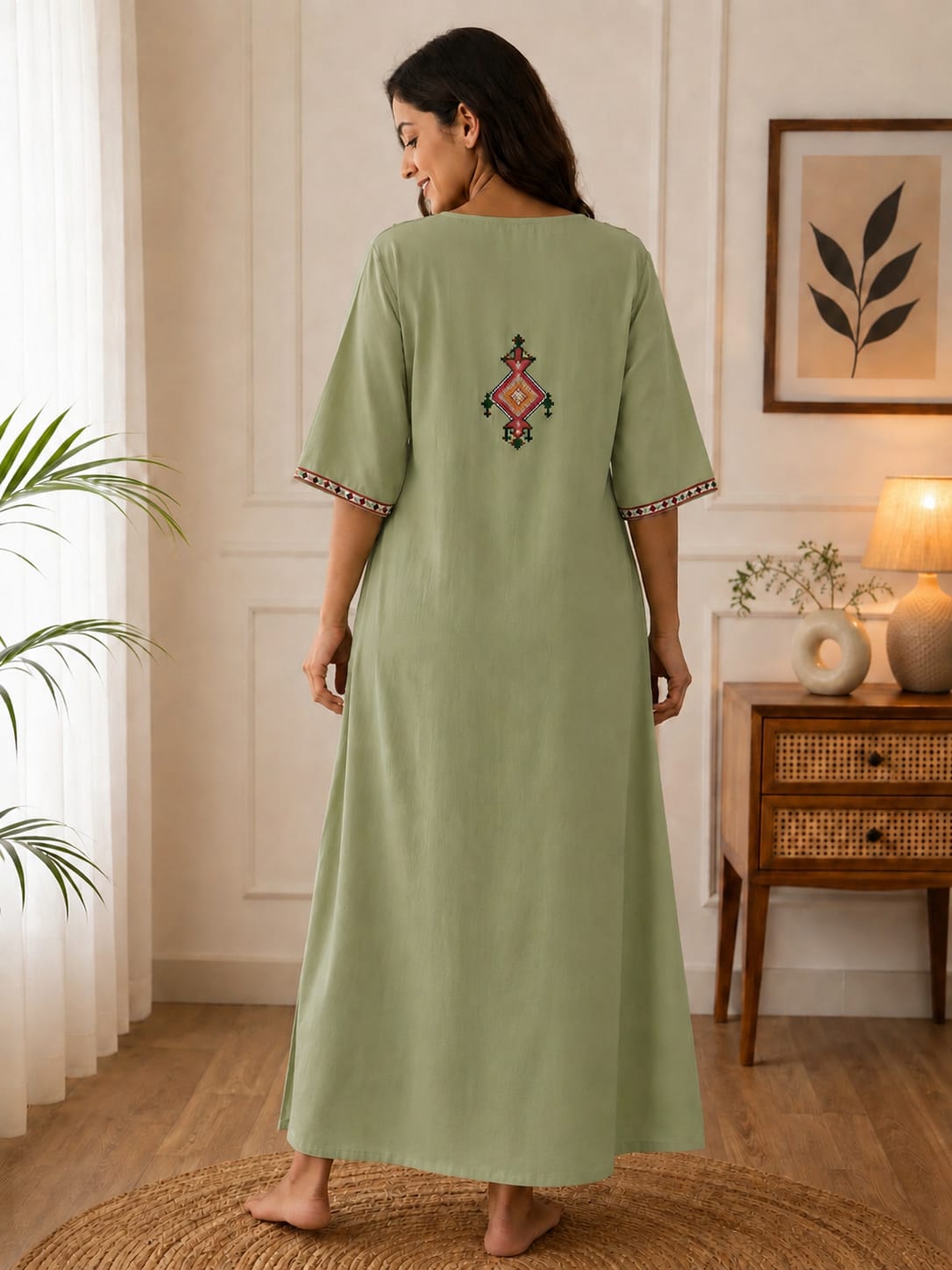 Women's Premium Lissy Bissy Cotton Full Sleeve Crosswork Embroidered Night Gown