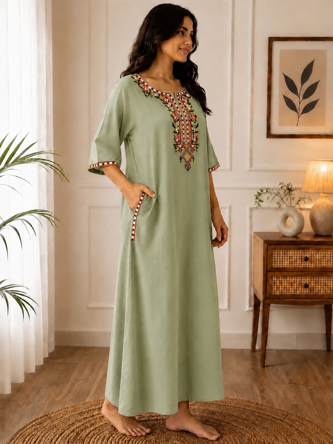 Women's Premium Lissy Bissy Cotton Full Sleeve Crosswork Embroidered Night Gown