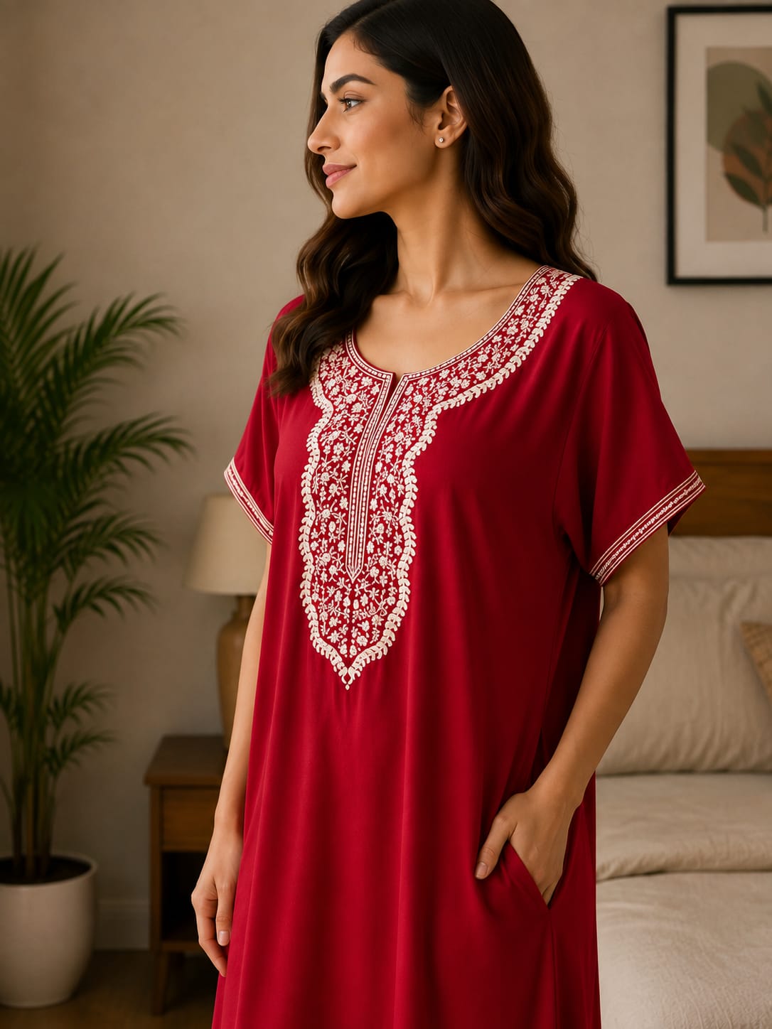 Maroon Elegance Embriodered Nightgown