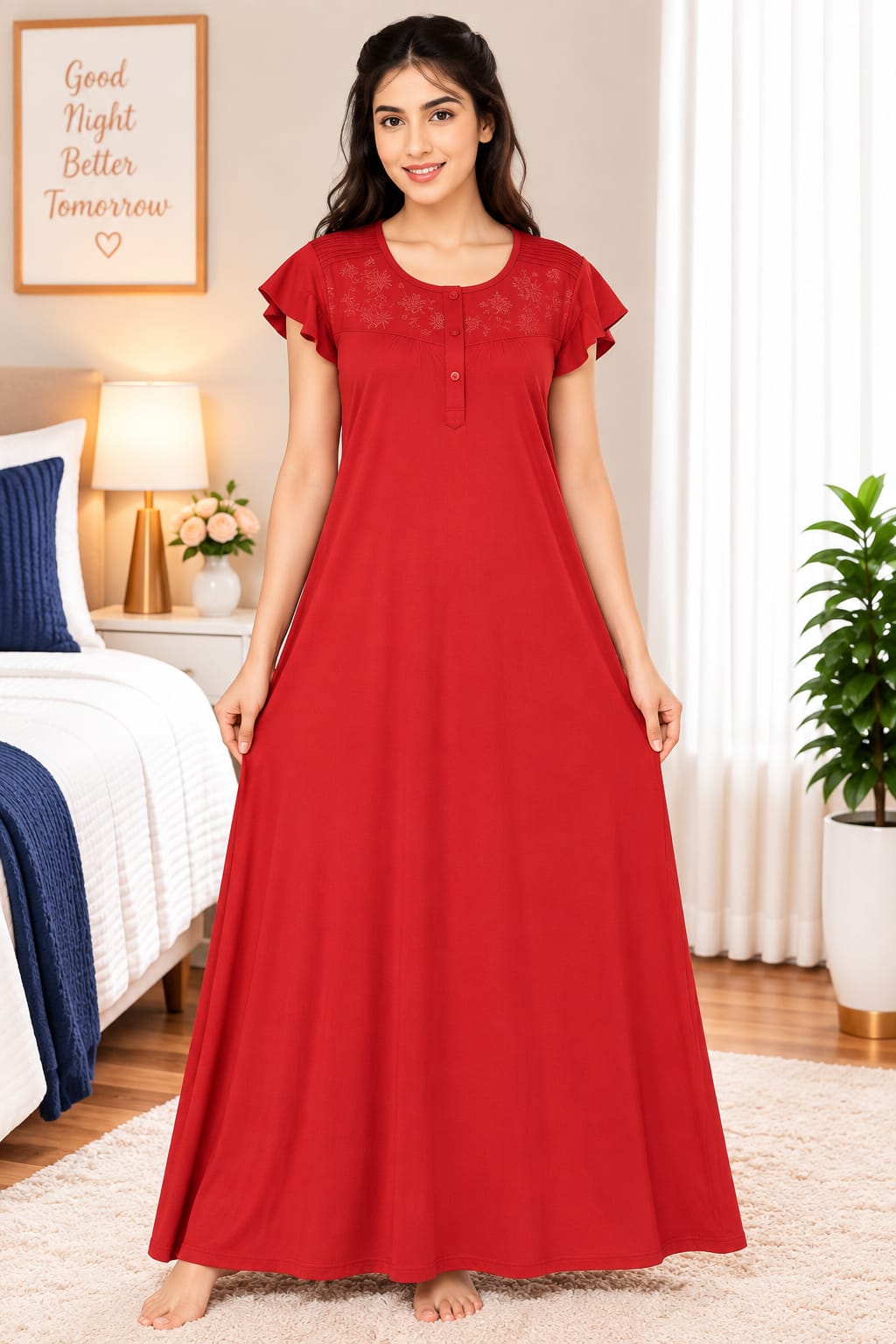 Women’s  Embroidered Ruffle Sleeve Night Gown