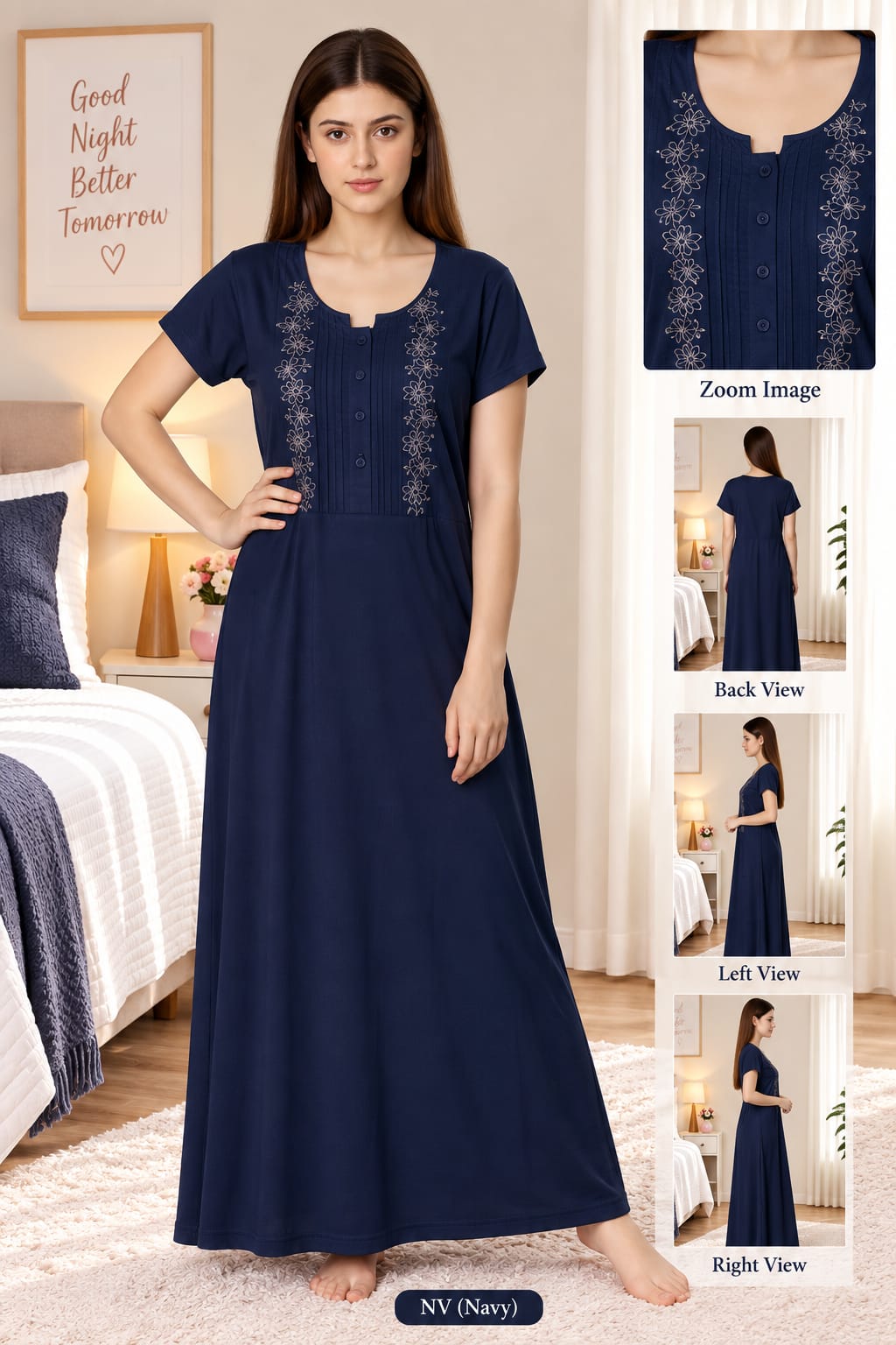 Women’s Floral Embroidered Full Full-Length Hosiery Sleepwear |Elegant Front Embroidery &amp; Button Detailing|Comfortable Relaxed Fit for Everyday Wear|Length Night Gown Main image