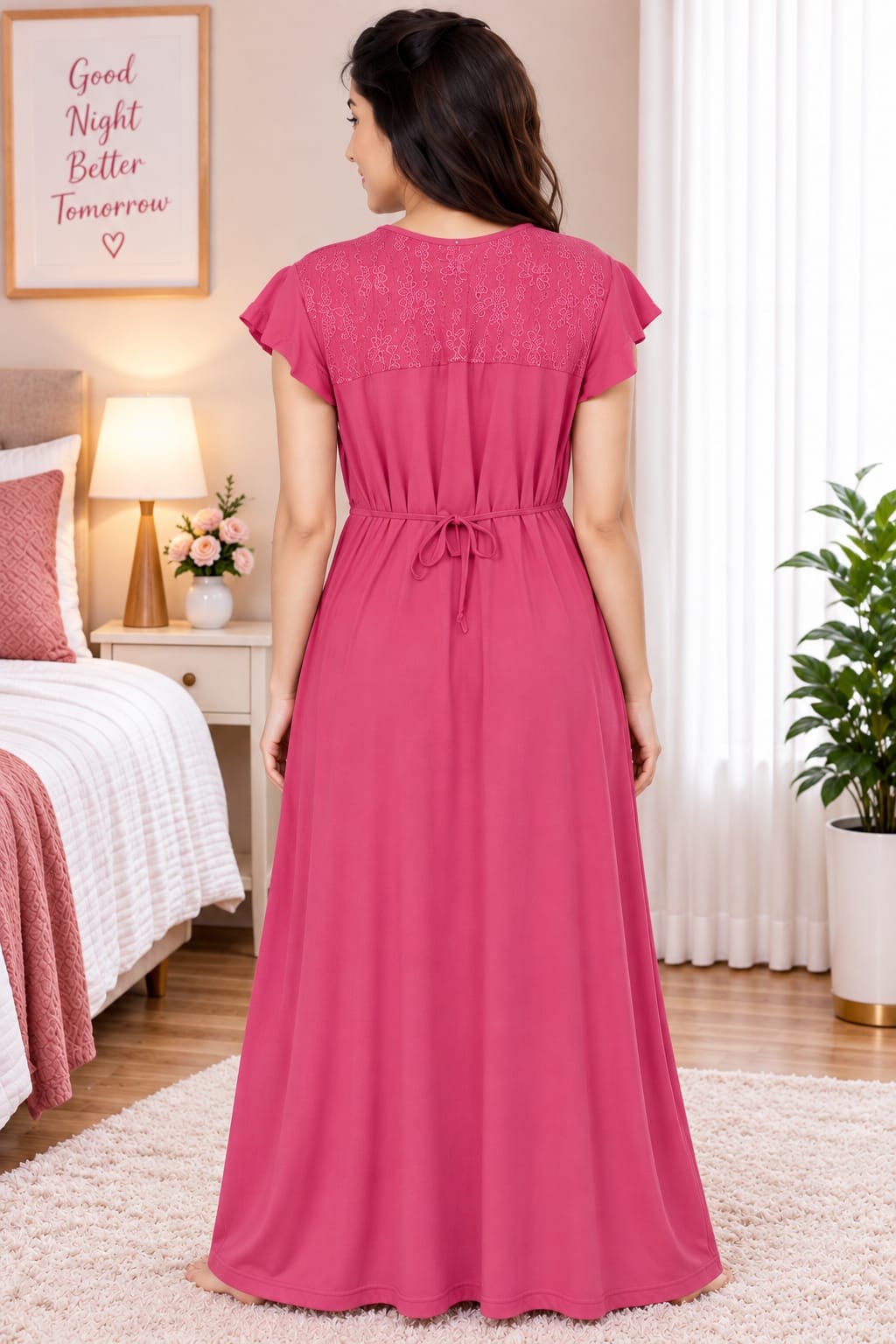 Women’s Embroidered Ruffle Sleeve Night Gown | Soft Hosiery Fabric | Full-Length Nightwear Secondary image