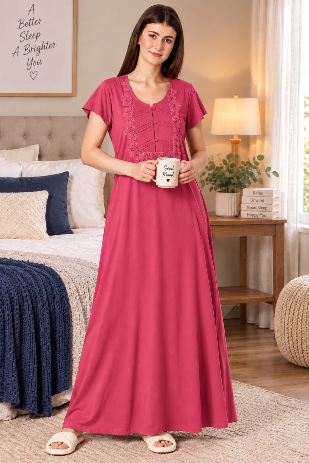Product Name: Women’s Embroidered Long Nightgown | Comfortable Sleepwear for Women | Full Length Night Dress | Available in XL & XXL