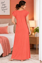 Women’s Embroidered Night Gown with Floral Lace Neckline, Stylish Flutter Sleeves, Soft Comfortable Fabric & Full Length Maxi Design for Sleeping and Loungewear