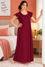 Women’s Embroidered Night Gown with Floral Lace Neckline, Stylish Flutter Sleeves, Soft Comfortable Fabric & Full Length Maxi Design for Sleeping and Loungewear