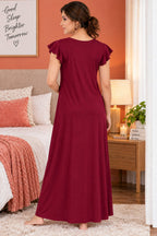 Women’s Embroidered Night Gown with Floral Lace Neckline, Stylish Flutter Sleeves, Soft Comfortable Fabric & Full Length Maxi Design for Sleeping and Loungewear