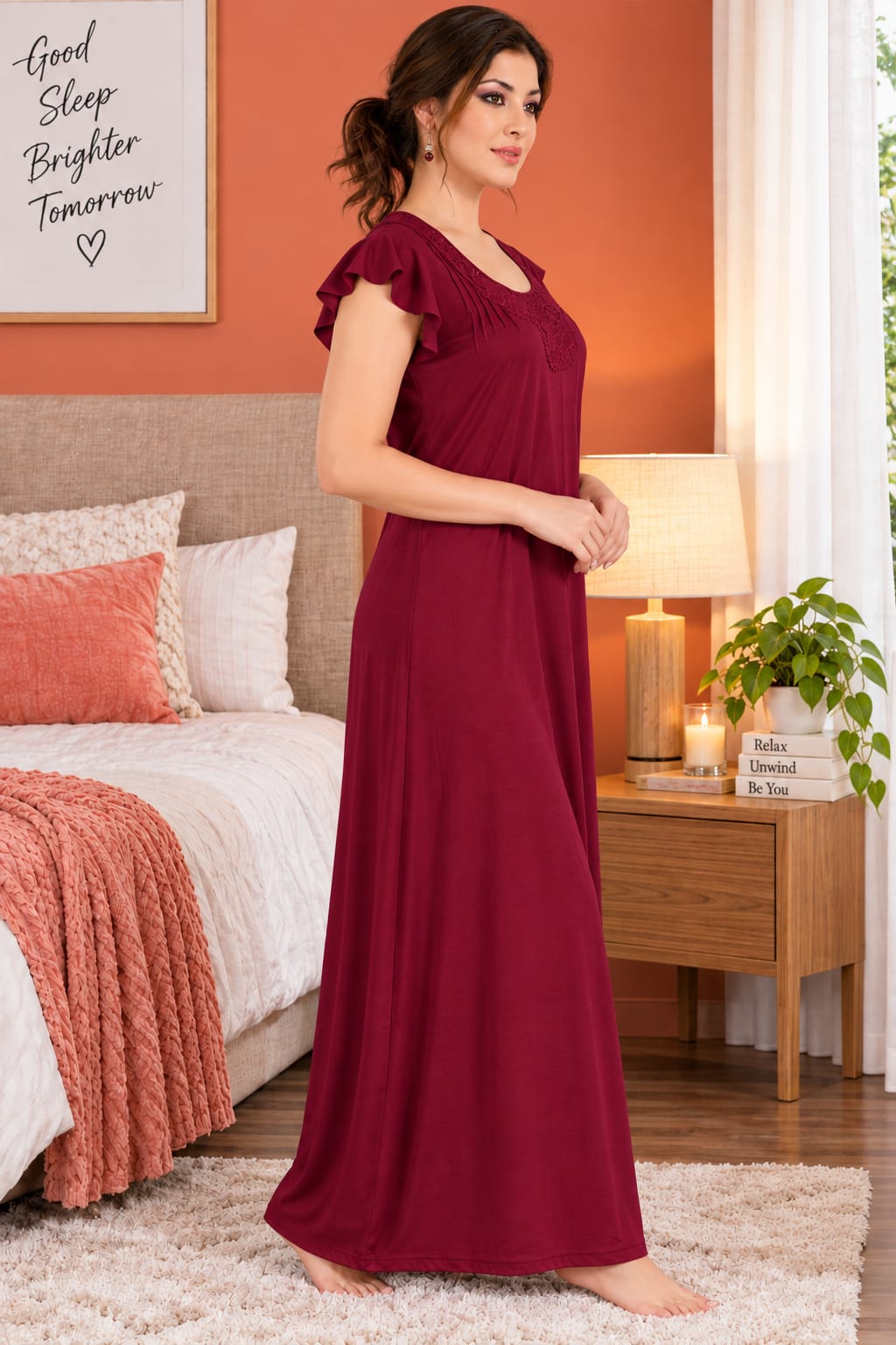 Women’s Embroidered Night Gown with Floral Lace Neckline, Stylish Flutter Sleeves, Soft Comfortable Fabric & Full Length Maxi Design for Sleeping and Loungewear