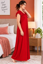Women’s Embroidered Night Gown with Floral Lace Neckline, Stylish Flutter Sleeves, Soft Comfortable Fabric & Full Length Maxi Design for Sleeping and Loungewear