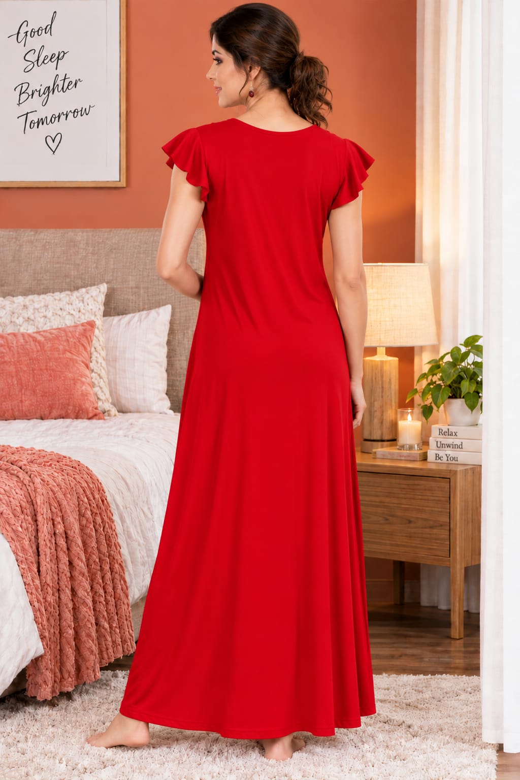 Women’s Embroidered Night Gown with Floral Lace Neckline, Stylish Flutter Sleeves, Soft Comfortable Fabric & Full Length Maxi Design for Sleeping and Loungewear
