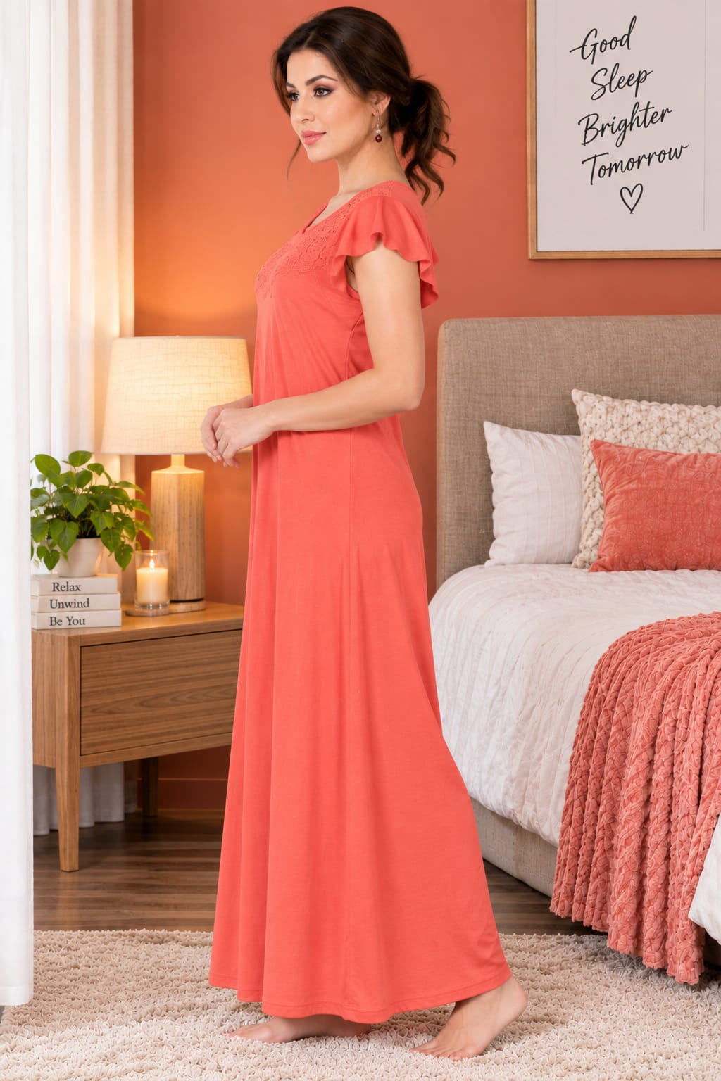 Women’s Embroidered Night Gown with Floral Lace Neckline, Stylish Flutter Sleeves, Soft Comfortable Fabric & Full Length Maxi Design for Sleeping and Loungewear