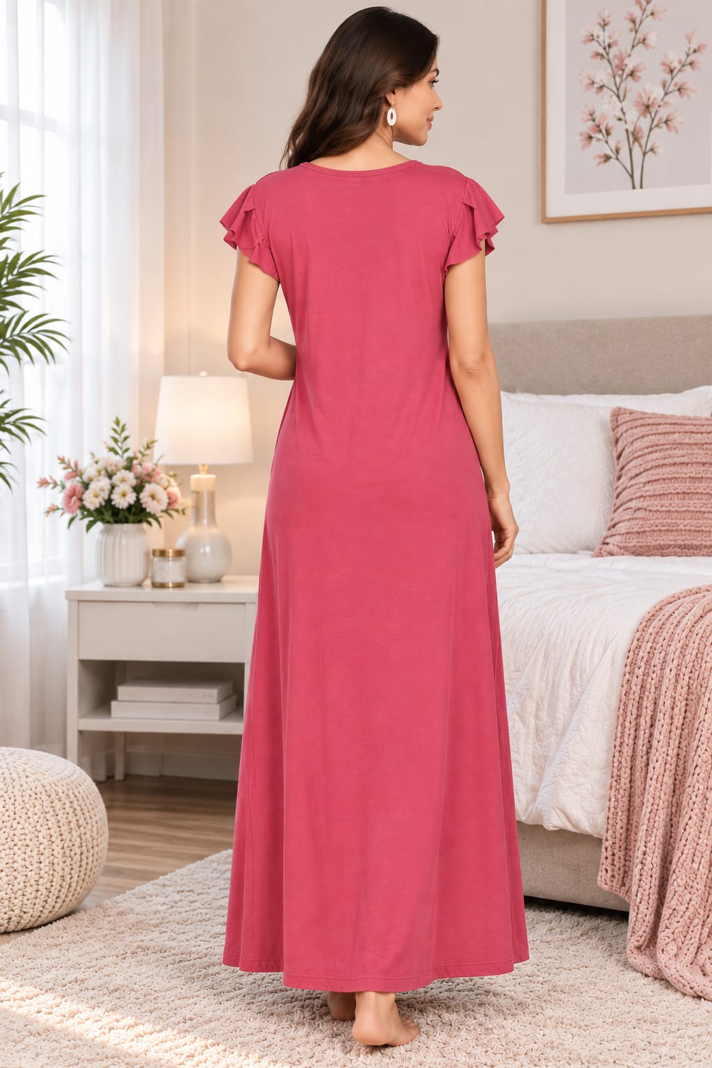 Women’s Premium Hosiery Embroidered Full-Length Night Gown with Ruffle Sleeves