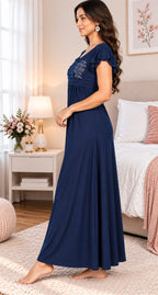 Women’s Premium Hosiery Embroidered Full-Length Night Gown with Ruffle Sleeves