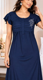 Women’s Premium Hosiery Embroidered Full-Length Night Gown with Ruffle Sleeves