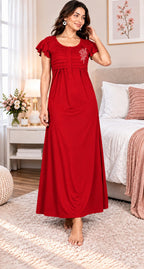 Women’s Premium Hosiery Embroidered Full-Length Night Gown with Ruffle Sleeves