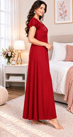 Women’s Premium Hosiery Embroidered Full-Length Night Gown with Ruffle Sleeves