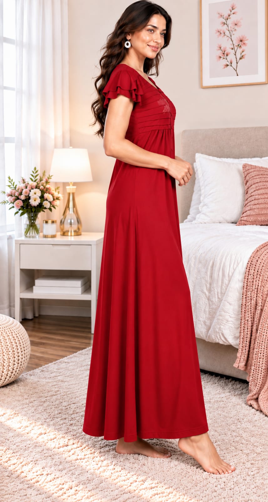 Women’s Premium Hosiery Embroidered Full-Length Night Gown with Ruffle Sleeves