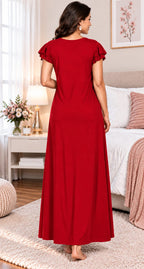 Women’s Premium Hosiery Embroidered Full-Length Night Gown with Ruffle Sleeves