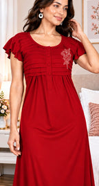 Women’s Premium Hosiery Embroidered Full-Length Night Gown with Ruffle Sleeves