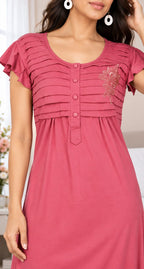 Women’s Premium Hosiery Embroidered Full-Length Night Gown with Ruffle Sleeves