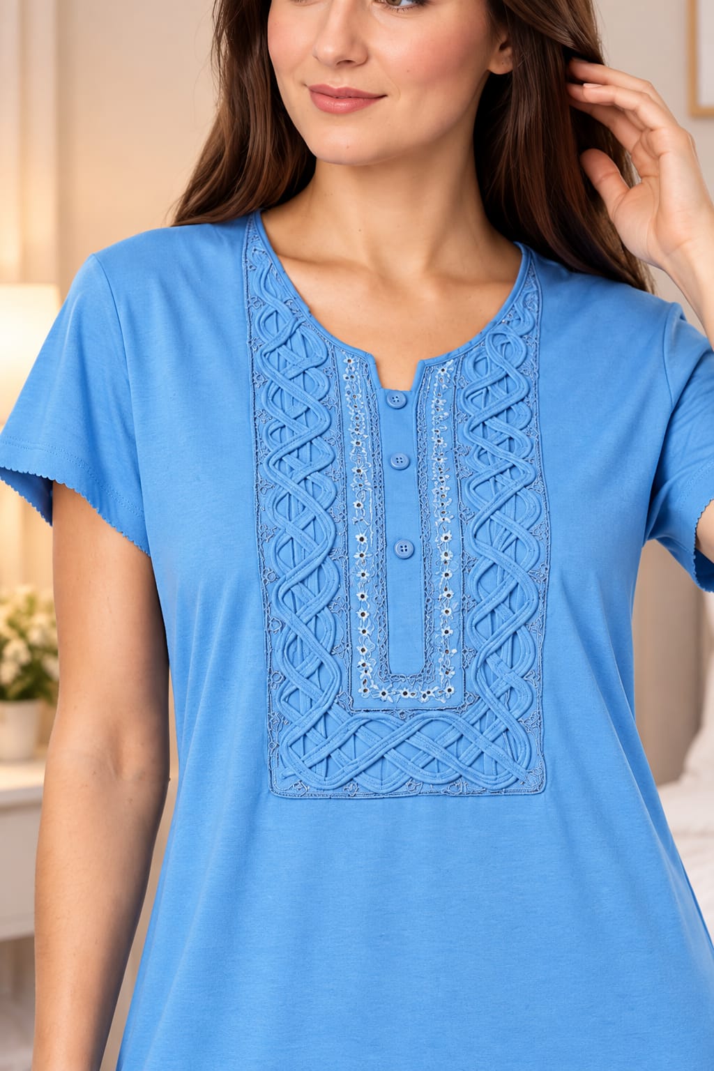 Women’s Elegant Front Embroidered Soft Hosiery Night Gown – Light Blue | 2XL