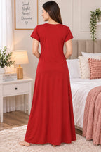 Women’s Elegant Floral Lace Embroidered Front Button Maxi Night Gown – Pink-Red| L/XL