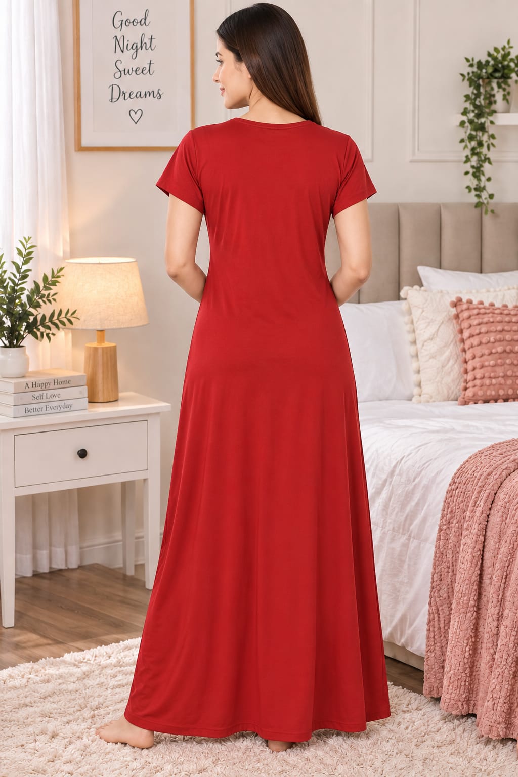 Women’s Elegant Floral Lace Embroidered Front Button Maxi Night Gown – Pink-Red| L/XL