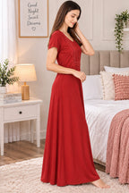 Women’s Elegant Floral Lace Embroidered Front Button Maxi Night Gown – Pink-Red| L/XL