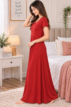 Women’s Elegant Floral Lace Embroidered Front Button Maxi Night Gown – Pink-Red| L/XL