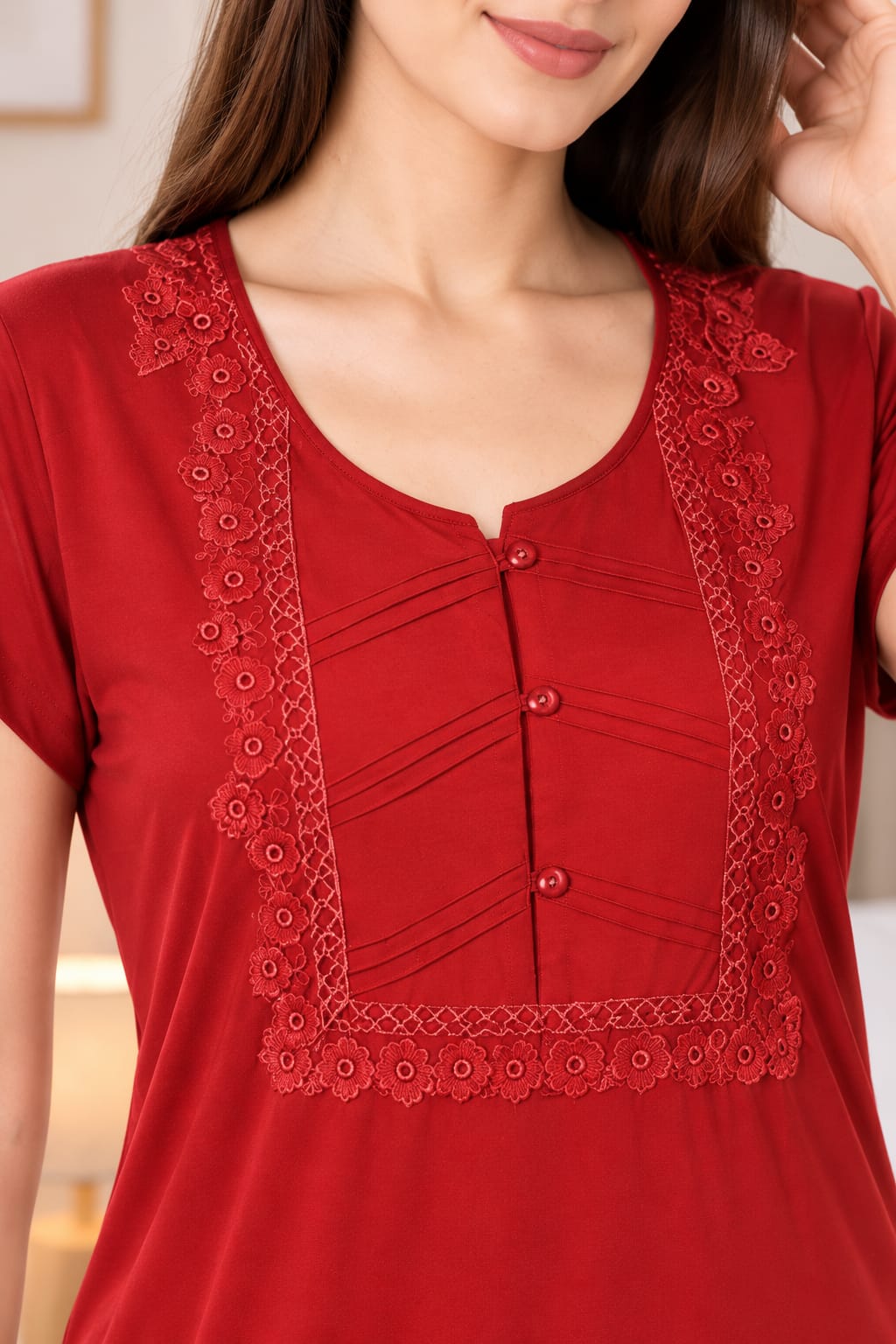Women’s Elegant Floral Lace Embroidered Front Button Maxi Night Gown – Pink-Red| L/XL