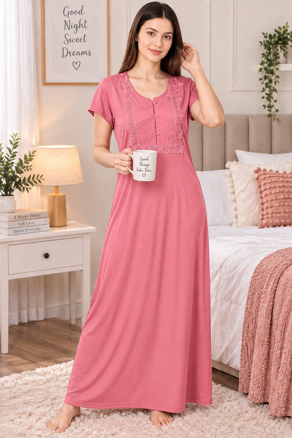 Women’s Elegant Floral Lace Embroidered Front Button Maxi Night Gown – Pink-Red| L/XL Main image