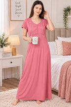 Women’s Elegant Floral Lace Embroidered Front Button Maxi Night Gown – Pink-Red| L/XL